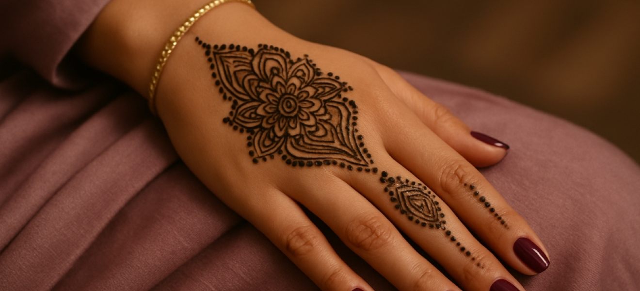 picture of a womans hand with a beautiful henna design gold jewellry and dark red nails