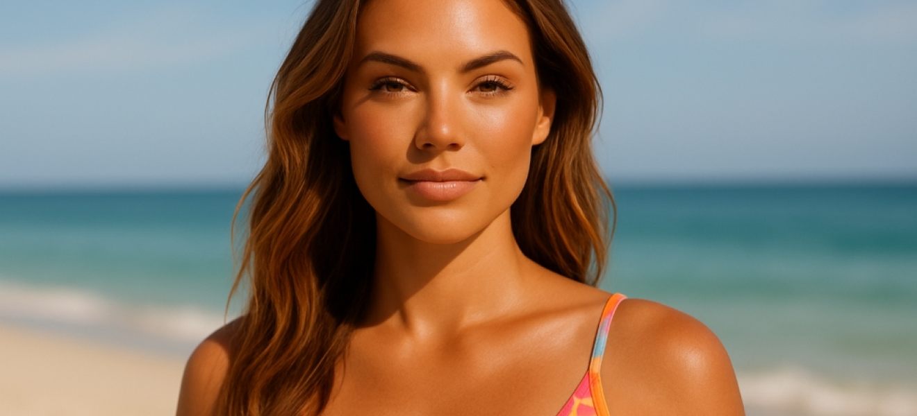 picture of a beautiful woman on a neach with light beachy make up and hair waves