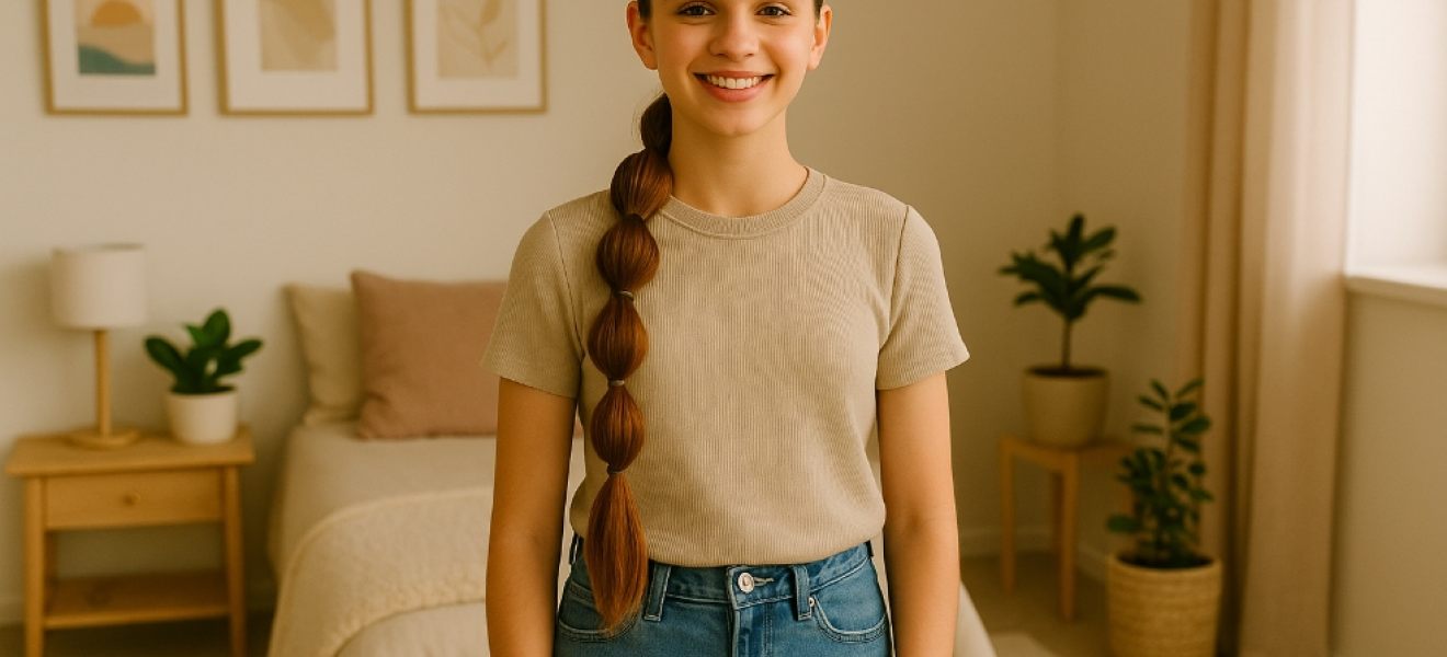 a tween in her bedroom with a bubble braid hair style picture of a tween in her bedroom with a bubble braid hair style
