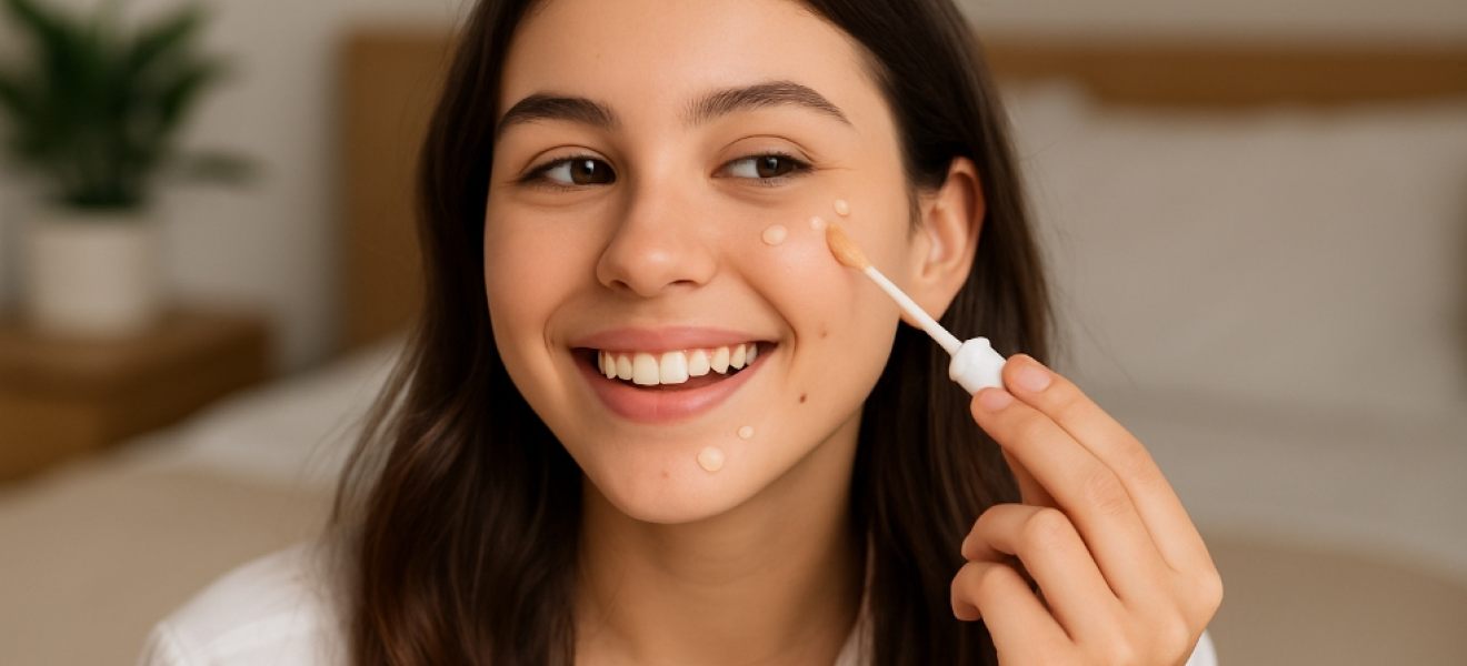 a happy teenager Applying Concealer with a Smile picture of a happy teenager Applying Concealer with a Smile