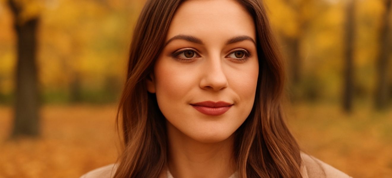 picture of a pretty brunette woman with autumn style make up in the woods