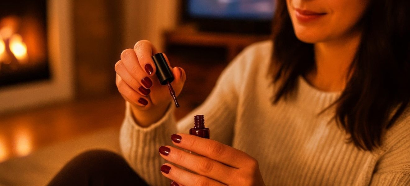 a woman painting her nails burgundy red at home picture of a woman painting her nails burgundy red at home