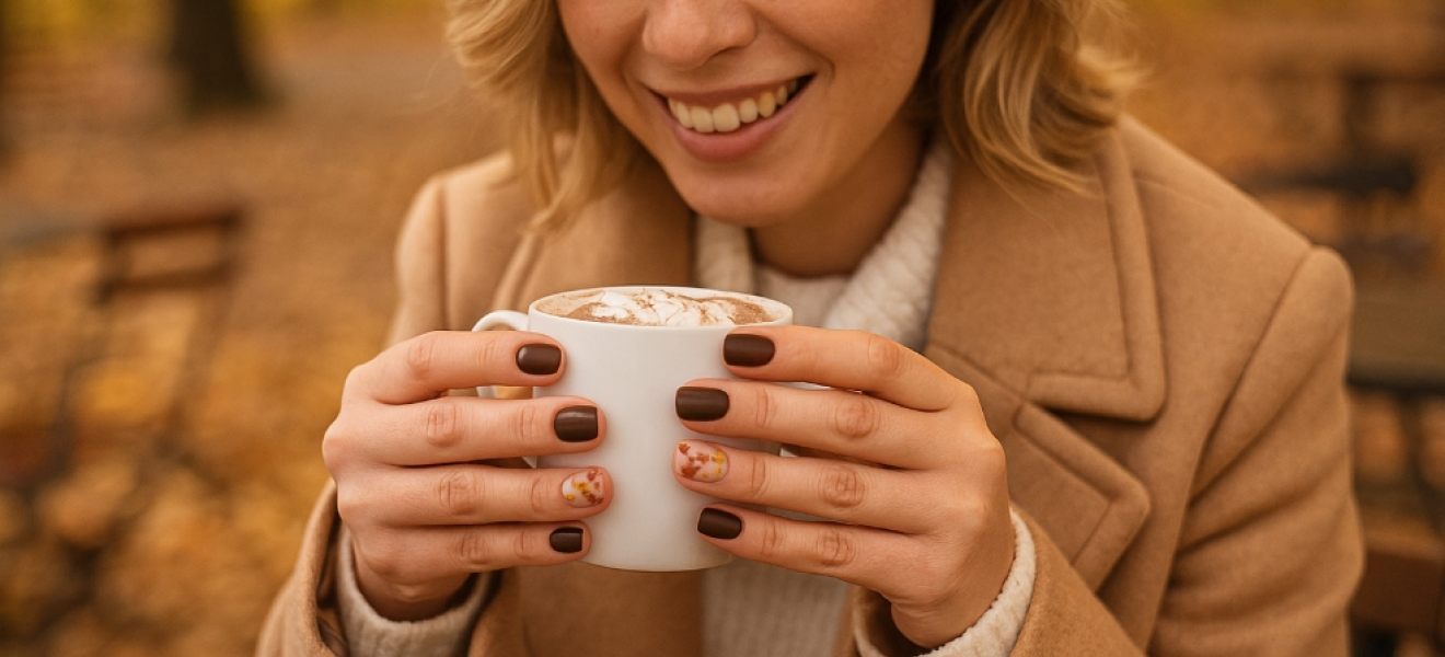 picture of a woman with blonde hair with autumn nails holding a hot chocolate
