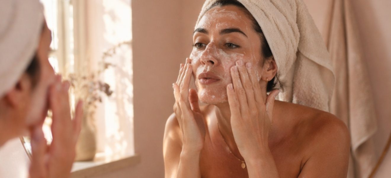 picture of Woman applying exfoliating skincare in bathroom mirror with hair wrapped in towel, demonstrating a typical skincare routine that can lead to over-exfoliation