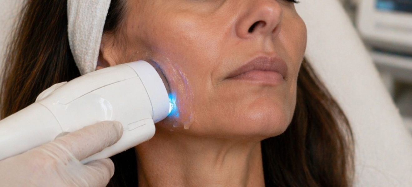 picture of Woman receiving energy-based skin tightening treatment on jawline after weight loss