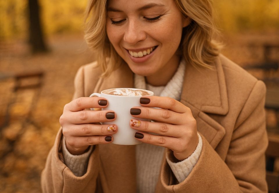 picture of a woman with blonde hair with autumn nails holding a hot chocolate