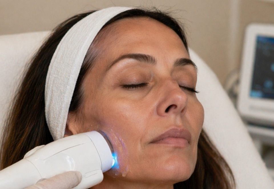 picture of Woman receiving energy-based skin tightening treatment on jawline after weight loss