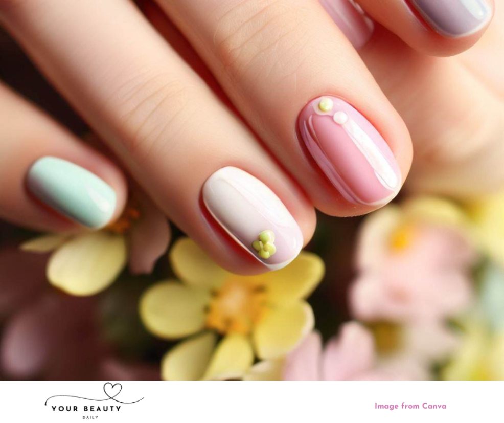 picture of spring nails with pastel colours and flowers on