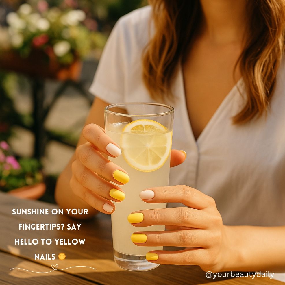 picture of a woman sat outside holding a summary drink with yellow on trend nails