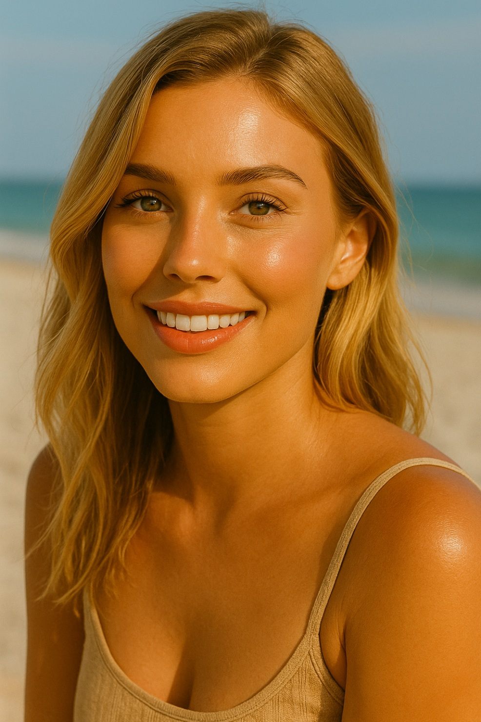 picture of a beautiful blonde happy woman with natural beach make up on a beach