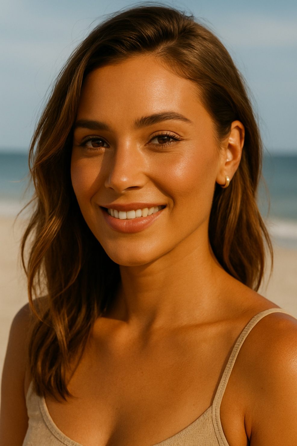 picture of a beautiful tanned woman with natural beach themed make up on a beach
