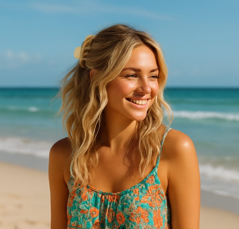picture of a beautiful woman on a beach with her wavy hair pulled back in a claw clip