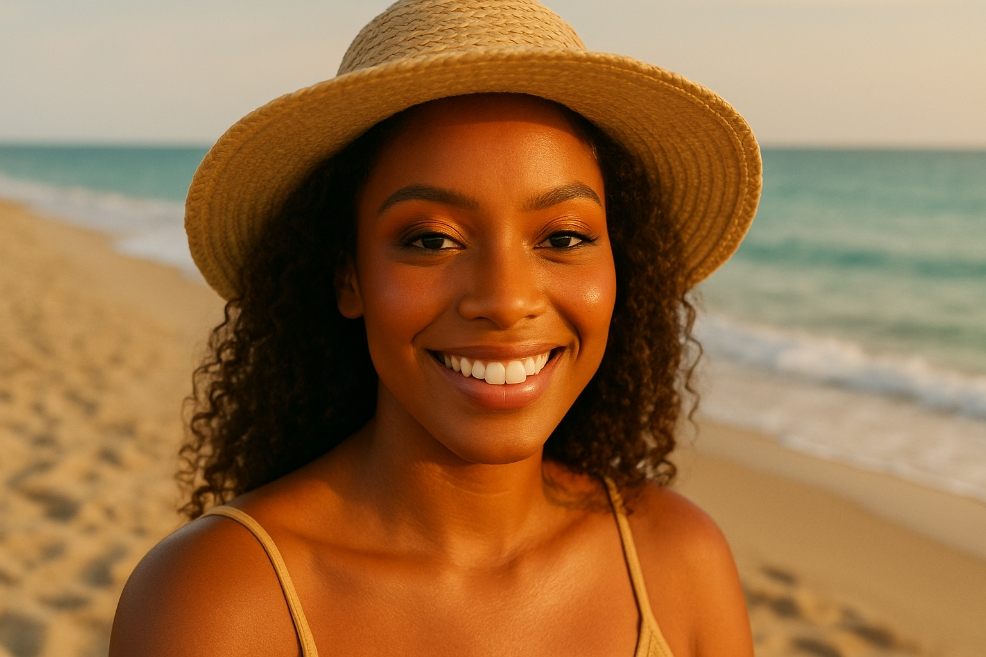 picture of a happy woman on a beach with a straw hat and natural beach make up