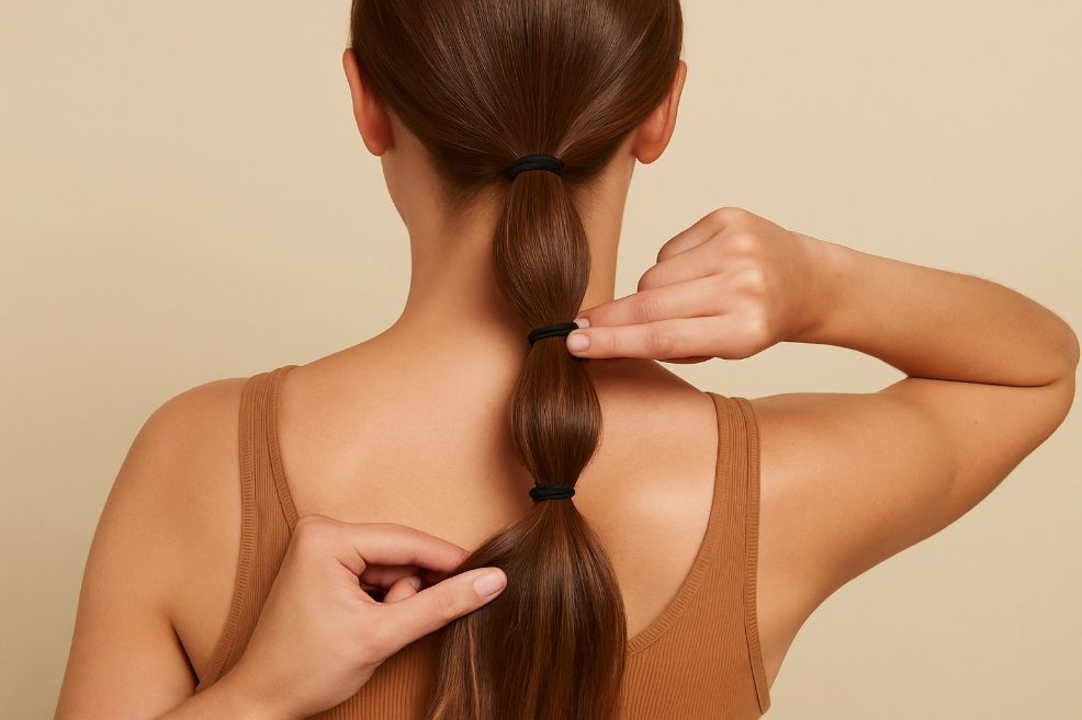 picture of a woman creating the bubble braid hairstyle on brown hair
