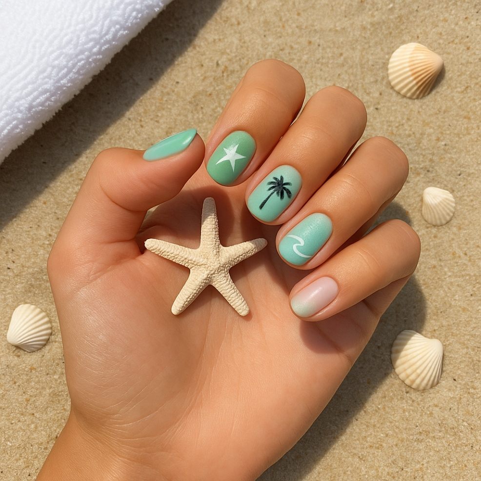 picture of a womans hand on a beach with beach themed nails