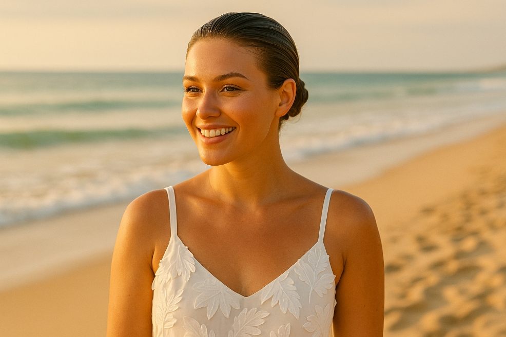 picture of a beautiful woman at the beach with neutral makeup and slicked back hair in a bun