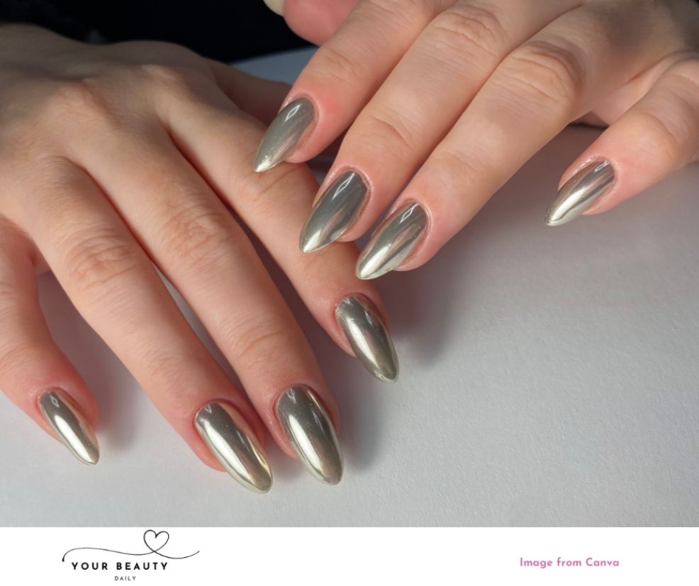 picture of a woman with chrome nail designs