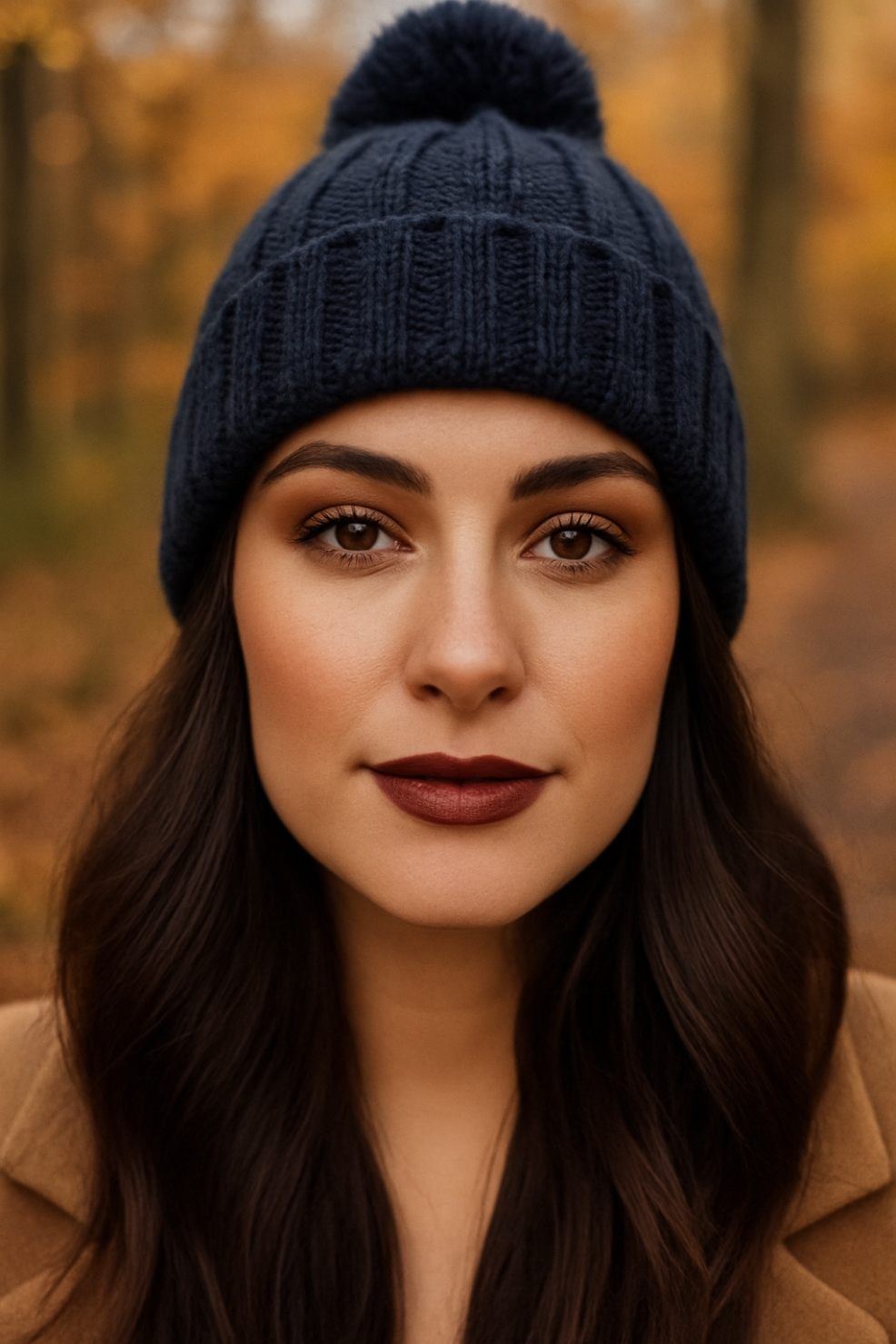 picture of a beautiful woman in the woods with dark brown hair a navy hat and autumnal make up
