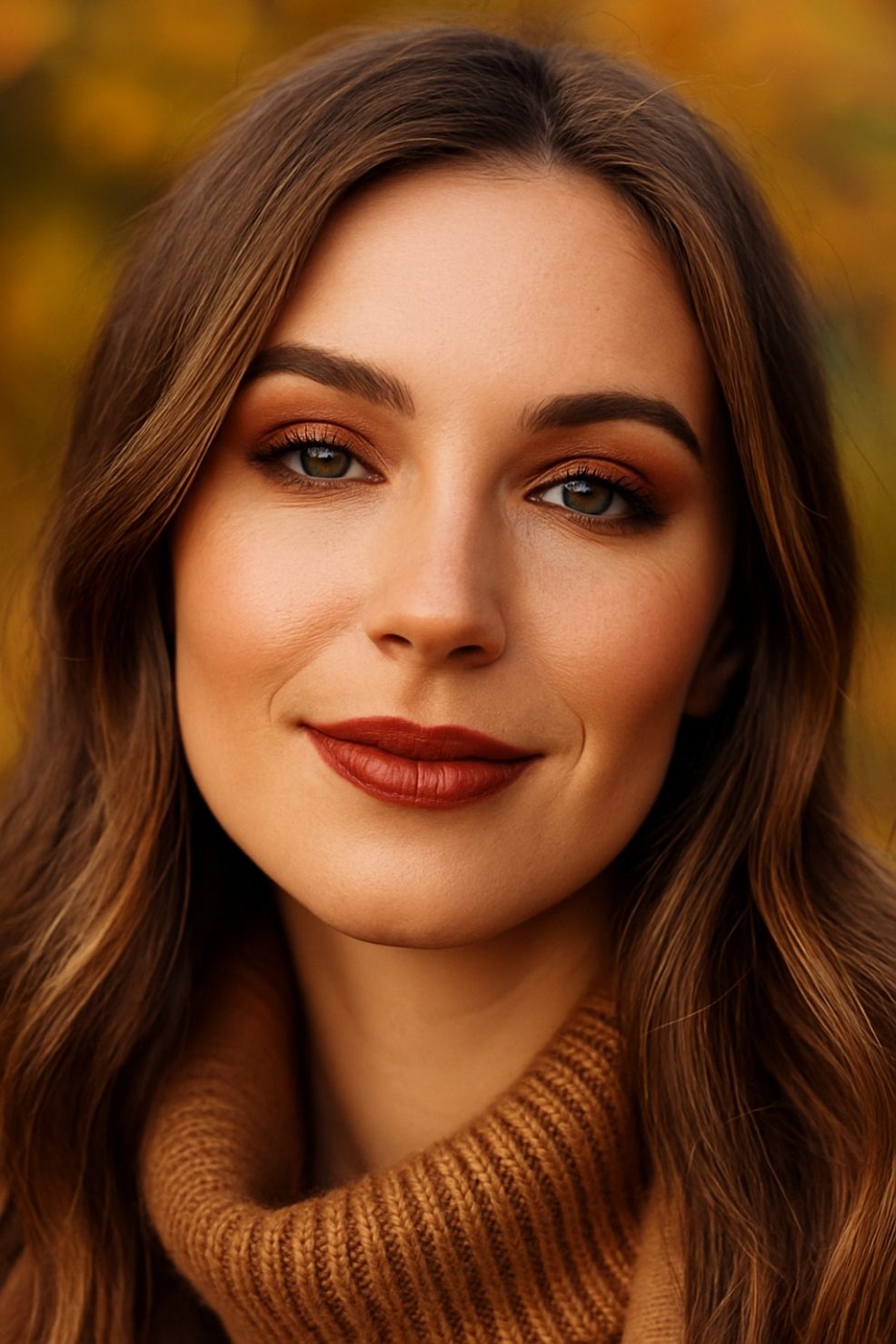 picture of a beautiful woman with autumn style makeup and long wavy brown hair