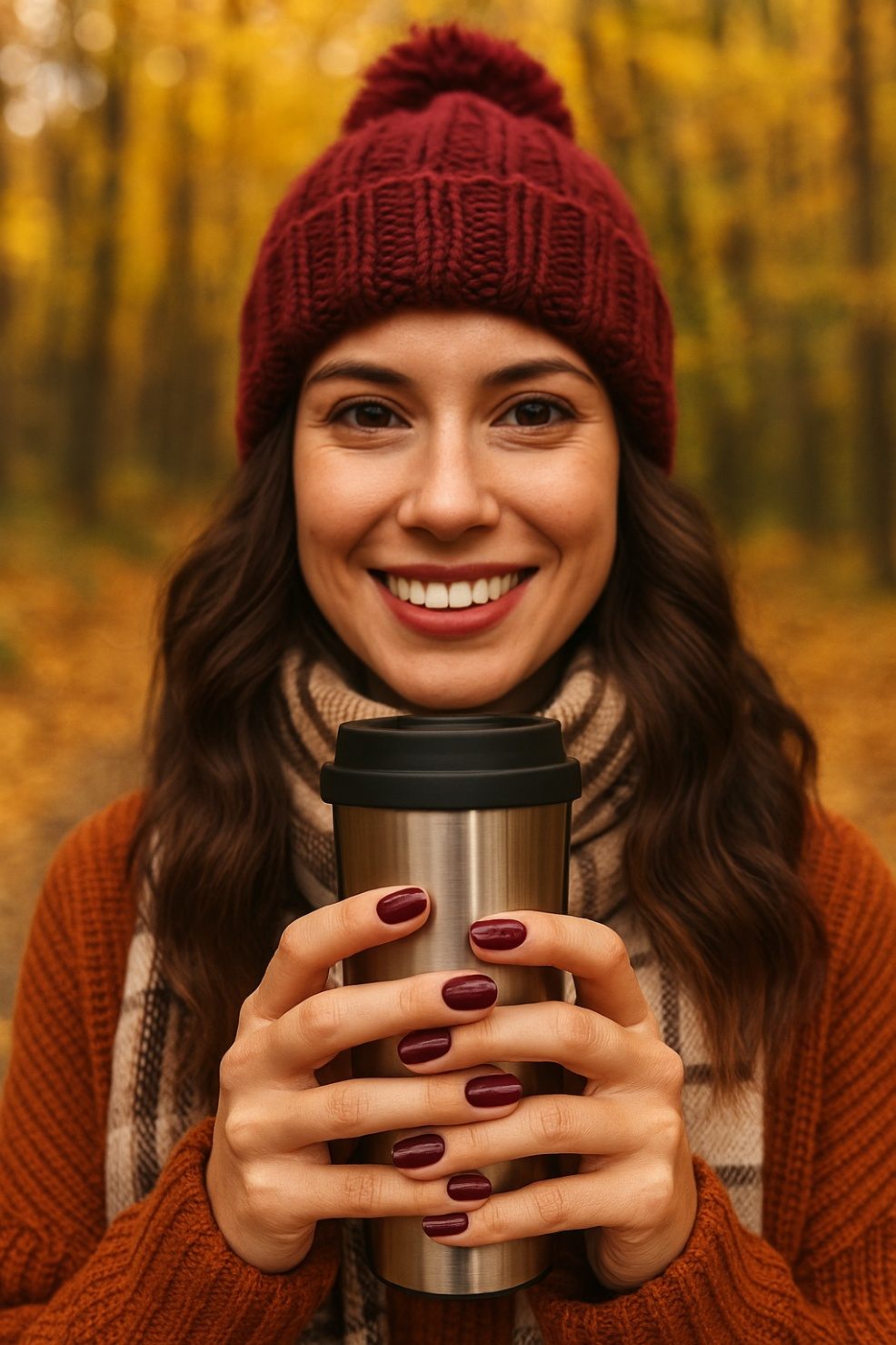 picture of a happy woman with burgundy nails wrapped around a thermos flask in the woods