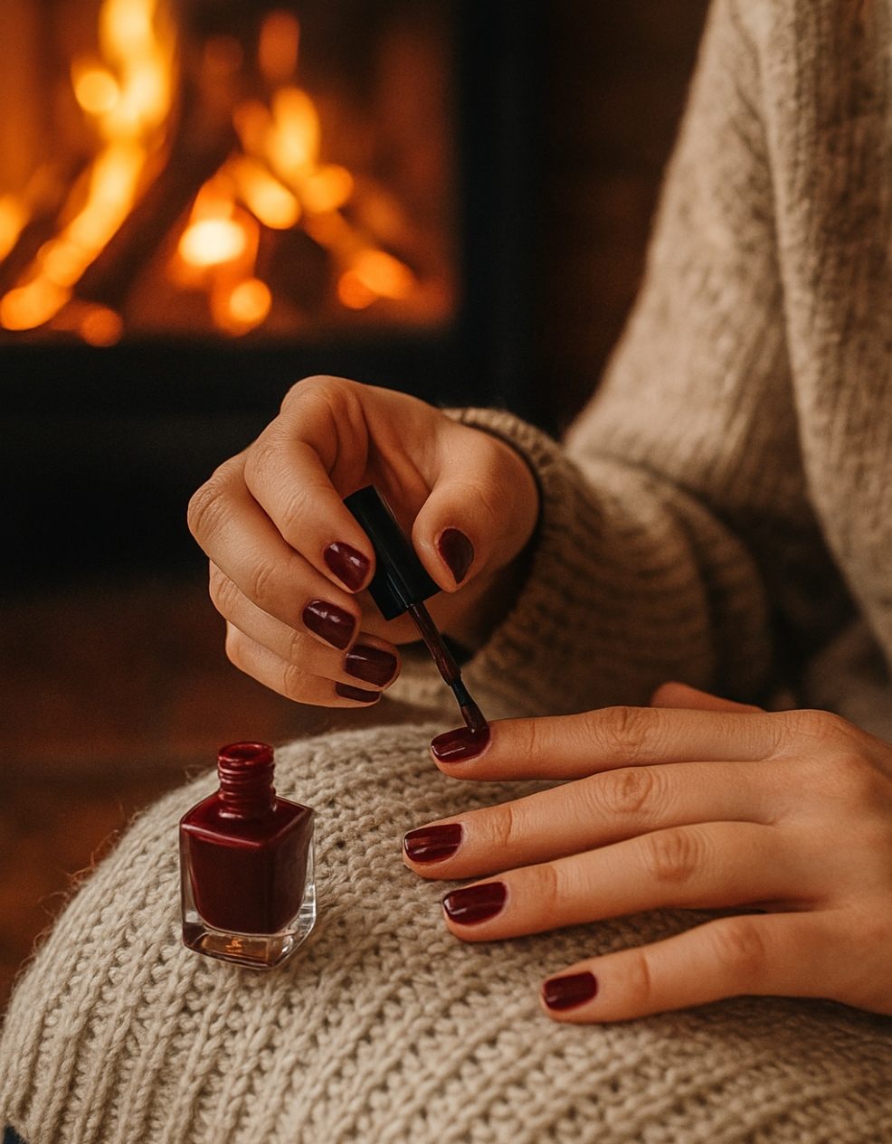 picture of a woman painting her nails burgundy red at home in front of a log fire