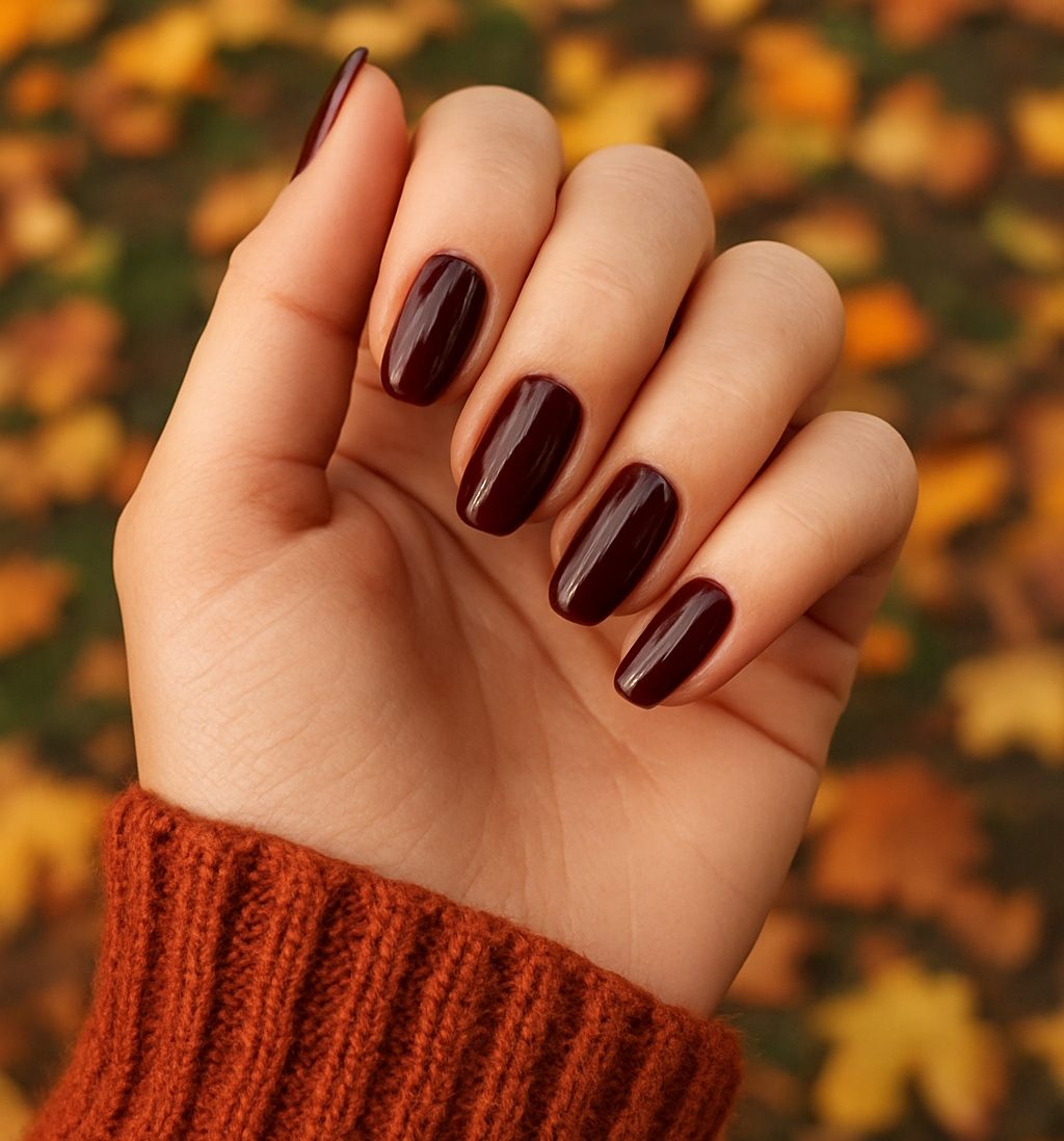 picture of a womans hand with burgundy red nails with an autumnal background