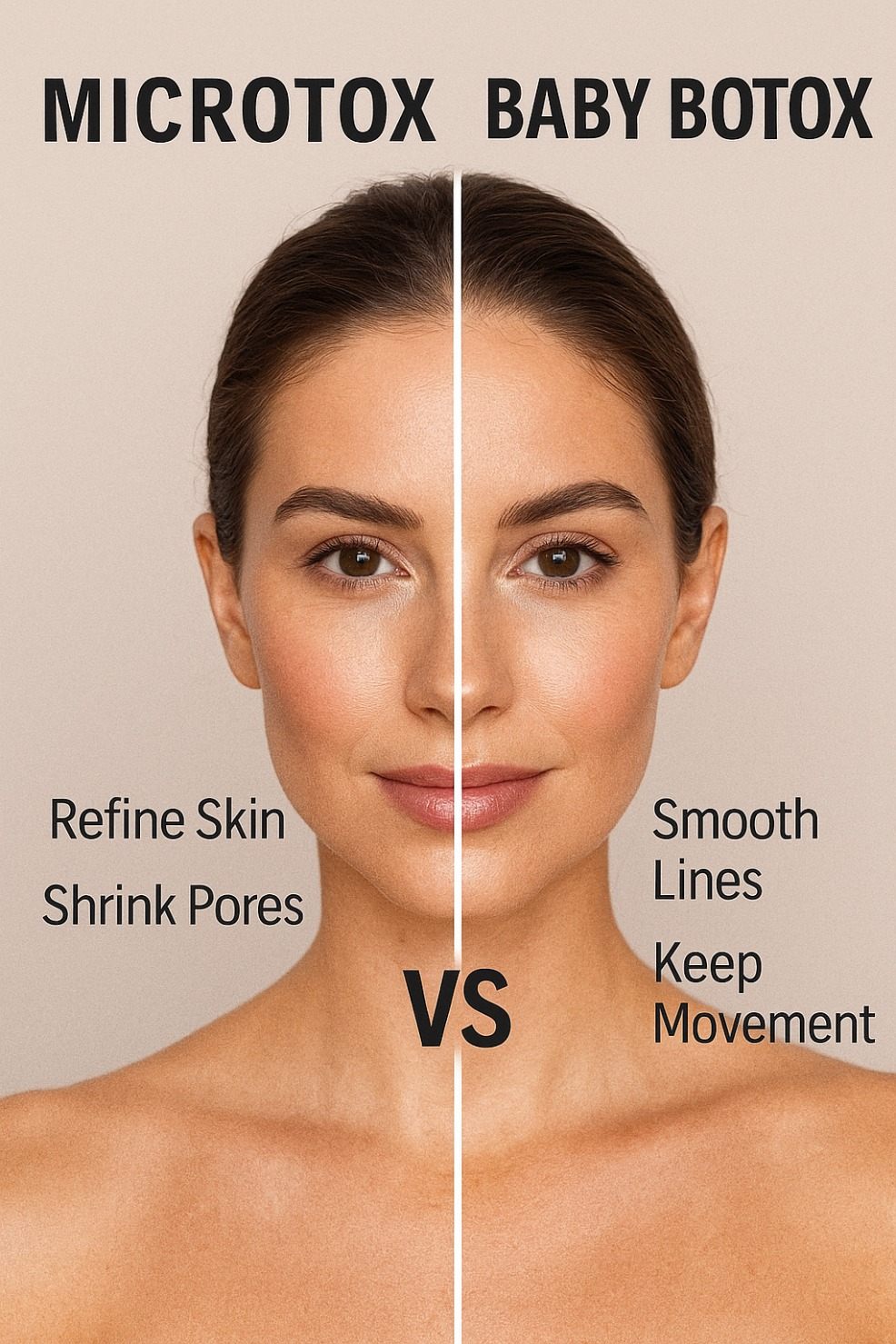 picture of a woman looking at the camera showing effects of microtox on one side of her face and baby botox on the other side