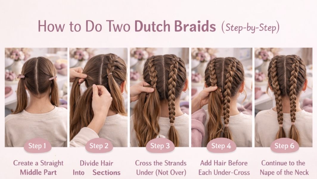 picture of a step by step guide of how to do two dutch braids