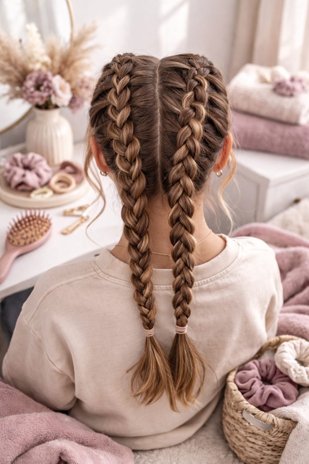 picture of a tween girl with a double dutch braid plait hairstyle in a beautiful bedroom