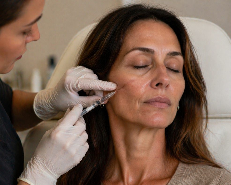 picture of Woman receiving dermal filler treatment in clinic, targeting cheek area to restore volume loss after weight loss (often referred to as “Mounjaro face”)