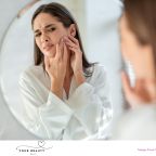 picture of a woman frowning looking at herself in the mirror with some skin issues