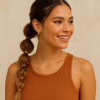 picture of a beautiful image of a woman with a bubble hair braid wearing an orange vest top