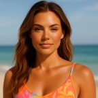 picture of a beautiful woman on a neach with light beachy make up and hair waves