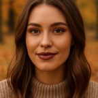 picture of a beautiful woman in the woods with autumn style make up and long brown hair
