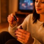 picture of a woman painting her nails burgundy red at home