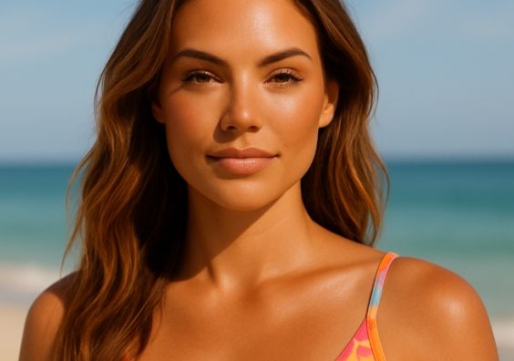 picture of a beautiful woman on a neach with light beachy make up and hair waves