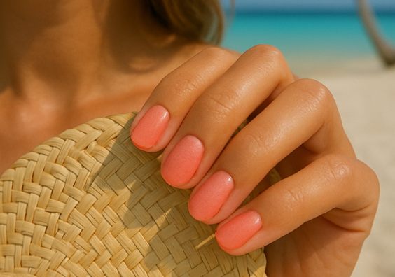 picture of a tanned woman standing on a beach with coral beachy nails