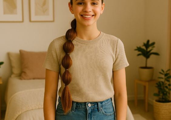 picture of a tween in her bedroom with a bubble braid hair style