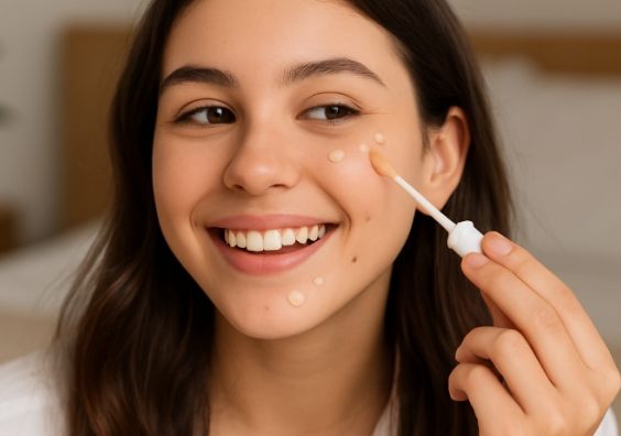 picture of a happy teenager Applying Concealer with a Smile