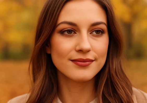 picture of a pretty brunette woman with autumn style make up in the woods
