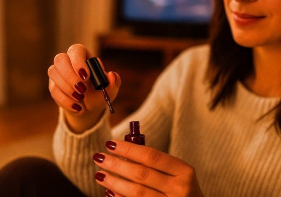 picture of a woman painting her nails burgundy red at home