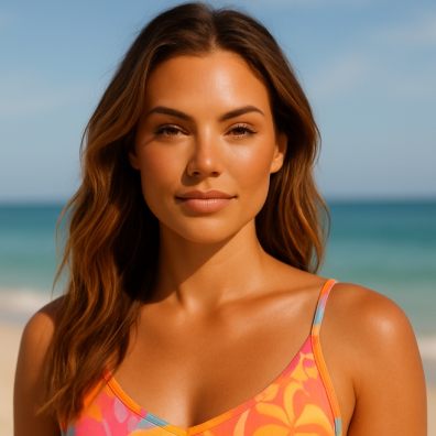 picture of a beautiful woman on a neach with light beachy make up and hair waves