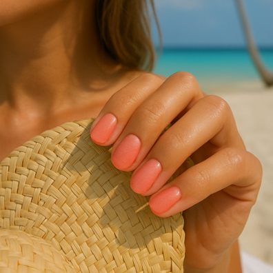 picture of a tanned woman standing on a beach with coral beachy nails