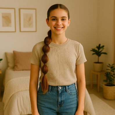 picture of a tween in her bedroom with a bubble braid hair style