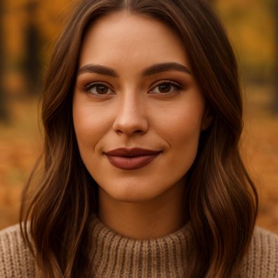 a beautiful woman in the woods with autumn style make up and long brown hair picture of a beautiful woman in the woods with autumn style make up and long brown hair
