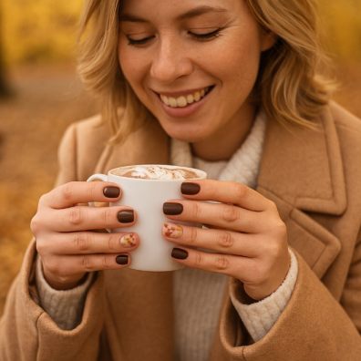 picture of a woman with blonde hair with autumn nails holding a hot chocolate